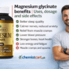 Herbiotics magnesium glycinate 500 mg bottle for sleep support, muscle relaxation, stress relief, and heart health beside a healthy man